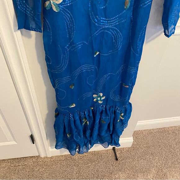 Vintage Handmade Blue Embellished Long Sleeve Mermaid Maxi Gown Small - Picture 12 of 15